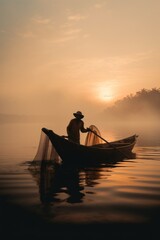 Poster - A man in a boat with a net in the water. Generative AI image.