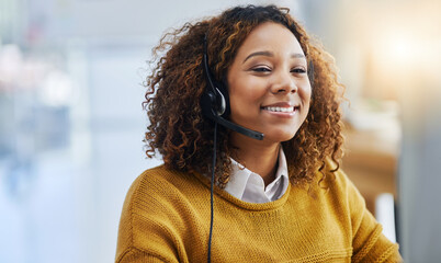 Poster - Virtual assistant, crm or friendly woman in call center consulting, speaking or talking at customer services. Contact us, happy smile or sales consultant in telemarketing or telecom company help desk