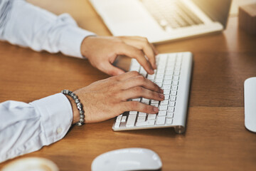 Aufkleber - Hands, office or person typing on computer working on business project or online research at office desk. Man, closeup or male worker copywriting on blog report or internet article with keyboard