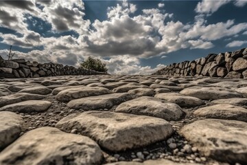 Poster - serene landscape featuring a tree in the distance and a stone wall in the foreground Generative AI