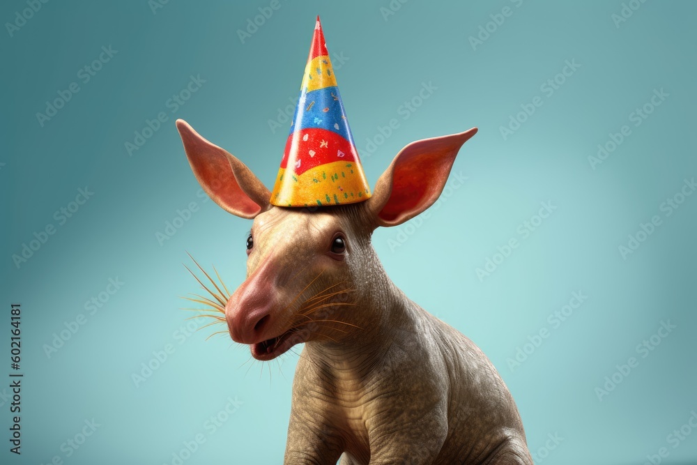Aardvark or Orycteropus with party hat, burrowing, nocturnal mammal in ...