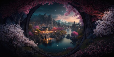 Wall Mural - fantasy magical landscape with pink blossoms and blue lagoon lake. superlative generative ai image.