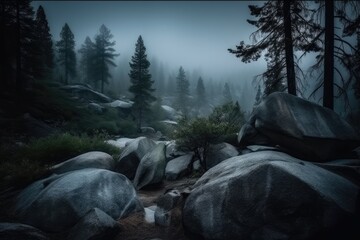 Poster - dense forest with rocky terrain Generative AI