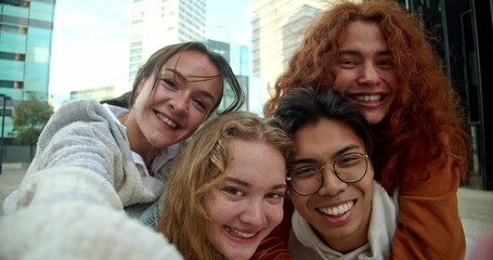 selfie portrait of a group of young people having a good time. friendship, happy people looking at t