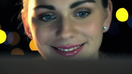 Poster - Face, cyber security or programmer woman at night thinking for UX SEO software, web design or database coding. Smile, zoom or happy developer eyes for programming, data analysis or digital media code