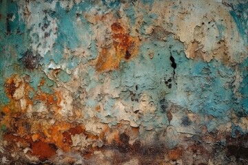 Poster - rusted metal surface with peeling blue and orange paint Generative AI
