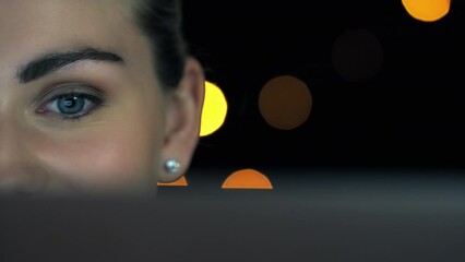 Poster - Face, cyber security or programmer woman thinking at night for UX SEO software, web design or database coding. Happy, zoom or developer eyes for programming, data analysis or digital innovation code
