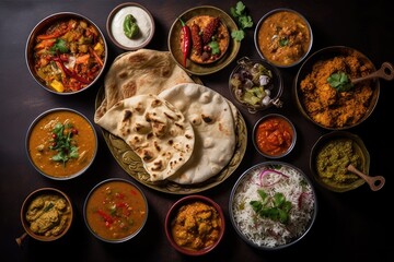 Wall Mural - Indian ethnic food buffet on white concrete table from above: curry, samosa, rice biryani, dal, paneer, chapatti, naan, dishes of India for dinner background. Generated by AI