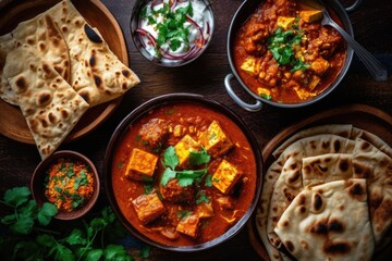 Wall Mural - Indian ethnic food buffet on white concrete table from above: curry, samosa, rice biryani, dal, paneer, chapatti, naan, dishes of India for dinner background. Generated by AI