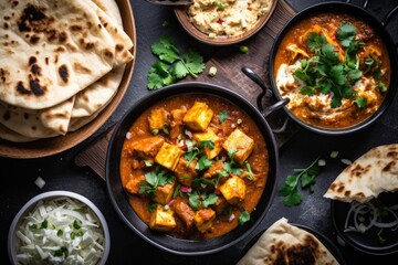 Wall Mural - Indian ethnic food buffet on white concrete table from above: curry, samosa, rice biryani, dal, paneer, chapatti, naan, dishes of India for dinner background. Generated by AI