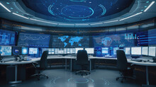 Modern High-tech Futuristic Control Room Or Center As Wide Banner - Generative AI