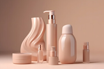 Wall Mural - Mockup of cosmetics bottles in beige tone. Neural network AI generated