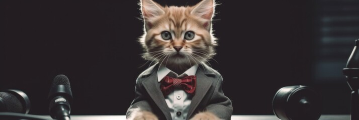 Canvas Print - A cat wearing a suit and a bow tie. Generative AI image.