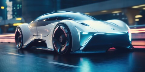 Poster - futuristic electric car, super car driving on city highway road with motion blur. distinct generativ