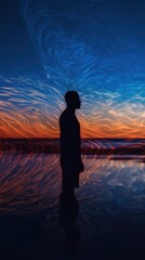 Wall Mural - A silhouette of a man standing in front of a sunset. Generative AI image.