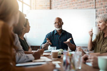 Poster - meeting leader, business people and black man in office, talking or speaking. teamwork, ceo and seni