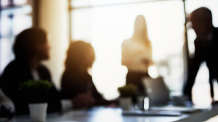 Poster - Meeting, blur and team of employees in office planning a corporate project in collaboration. Teamwork, brainstorming and group of business people in discussion working together in workplace boardroom