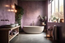 Walls Made Of Plaster Sculpted From Concrete And Lilac In A Contemporary, Opulent Bathroom With A Bathtub, A Lamp, And Decorations. Background With Copy Space That Is Cozy. Spa Hotel Generative AI