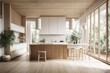 © Lasvu - White toned wooden Japandi kitchen. Bamboo wallpaper, a parquet floor, and a beam ceiling. expansive windows. interior design that is minimal. Generative AI