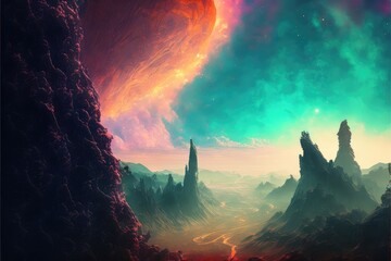Wall Mural - utopian dreamland landscape with sky of colorful nebula. distinct generative ai image.