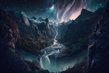 Wall Mural - mountain landscape at night with star in the sky. distinct generative ai image.