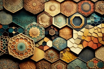 Wall Mural - Mosaic art abstract background in hexagonal shape. distinct generative AI image.