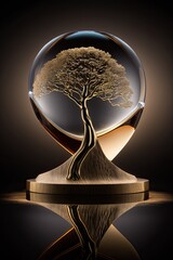 ai-generated illustration of a glass and wood award or sculpture featuring a tree. midjourney.