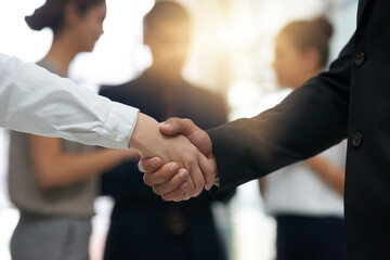 Aufkleber - Handshake, business people and partnership deal at meeting for networking, b2b and success. Professional man and woman shaking hands as corporate partner for introduction, contract agreement or trust