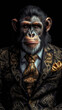 Monkey dressed in an elegant and modern suit with a nice tie. Fashion portrait of an anthropomorphic animal, chimpanzee, chimp, shooted in a charismatic human attitude - Generative AI