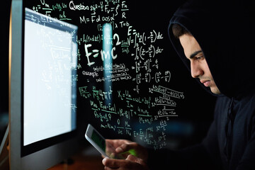 Poster - Phone coding, computer and hacker man with software code, password hacking and math or digital overlay. Online crime, cybersecurity and programmer person in hoodie, mobile app or pc and data hologram