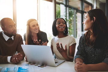 Fototapete - Business people, employee conversation and laptop data with planning and strategy in office. Training, communication and online with corporate paperwork and working on a teamwork with diversity