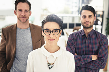 Poster - Portrait, collaboration and leadership with a business woman and her team standing in the office together. Management, leader or teamwork with a group of businesspeople looking confident about vision