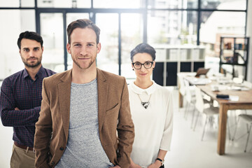 Poster - Portrait, teamwork and management with a business man and his team standing in the office together. Leadership, manager and collaboration with a group of businesspeople looking confident about work