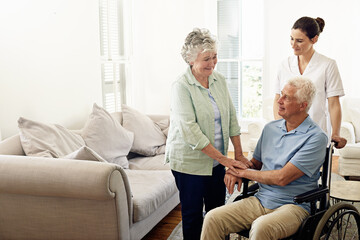 Wall Mural - Volunteer, help and old couple with wheelchair, caregiver at nursing home for person with a disability and rehabilitation. Healthcare, clinic and senior patient with nurse together retirement service