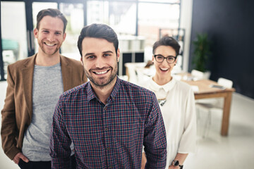 Poster - Portrait, collaboration and management with a business man and his team standing in the office together. Leadership, manager and teamwork with a group of businesspeople looking confident about work