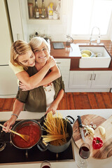 hug, woman or portrait of happy mother cooking food in healthy diet meal together with love at home.