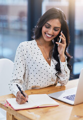 Poster - Business, phone call and Indian woman planning, smile and startup success with development, career and growth. Female person, employee and entrepreneur with a smartphone, connection and communication