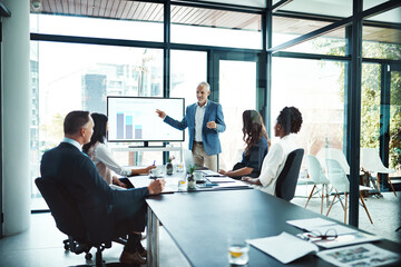 Aufkleber - Business, charts and man with presentation, office and conversation for project, profit growth and meeting. Male leader, staff or group with teamwork, graphs or partnership in a boardroom or planning