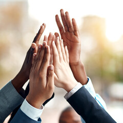 Aufkleber - Business people, hands and high five for teamwork, success and team building. Group, collaboration and employees with hand together for cooperation, support and solidarity, motivation and celebration