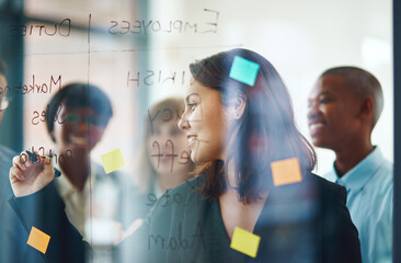 Poster - Business people, glass wall and woman writing, strategy in office and brainstorming. Sticky notes, planning and group of employees working on ideas, schedule and collaboration for teamwork at work.