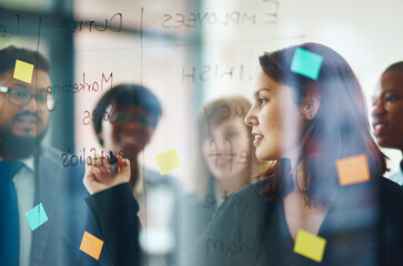 Aufkleber - Business people, glass wall and woman writing, brainstorming and strategy in office. Sticky notes, planning and group of employees working on ideas, schedule and collaboration for teamwork at work.