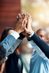 Aufkleber - Business people, hands and high five for teamwork, collaboration and team building. Group, solidarity and employees with hand together for cooperation, support and synergy, motivation and celebration