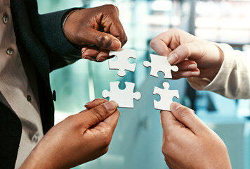 Poster - Puzzle, team building and hands of business people for strategy, partnership and solution. Work, corporate and a group of employees with a jigsaw for an idea, mission or company problem solving
