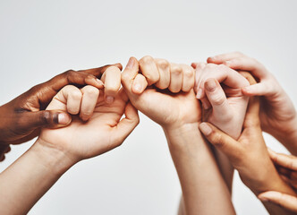 Aufkleber - Group, diversity and holding hands isolated on a white background for solidarity, support and collaboration. Love, power and community of people and hand or palm together sign for hope, faith or care