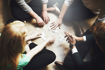 Poster - Puzzle, group and people thinking, teamwork and solution, collaboration or workflow in problem solving and challenge. Team building games, project development and women or men in circle brainstorming
