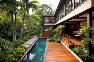 Poster - A Contemporary glass building completely transparent surrounded by a tropical garden, generative AI