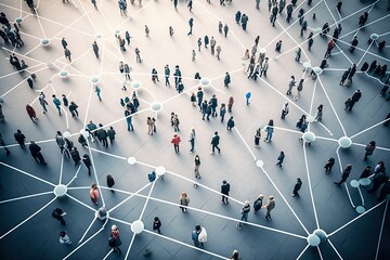 Wall Mural - aerial view of a crowd with a network of connections, generative ai