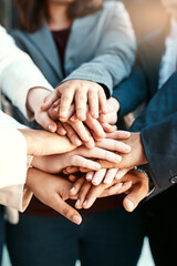 Aufkleber - Closeup, business and team with hands, stack and collaboration with teamwork, brainstorming and planning. Zoom, group and staff with partnership, fingers and motivation with solidarity and support