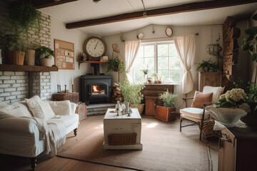 Wall Mural - Cottagecore styled living room with wood burning stove. High quality generative ai