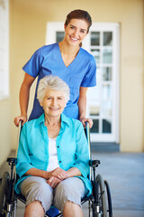 Poster - Portrait, nurse or happy old woman in wheelchair in hospital clinic helping an elderly patient for support. Trust, smile or healthcare medical caregiver talking to a senior person with a disability